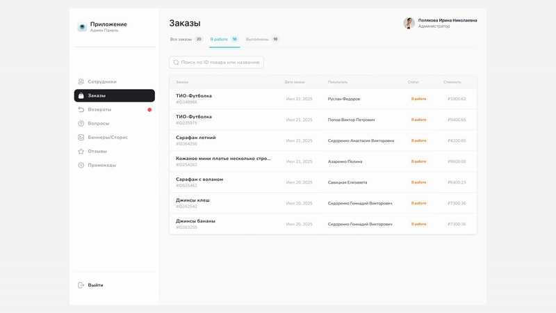 Orders table in web admin panel