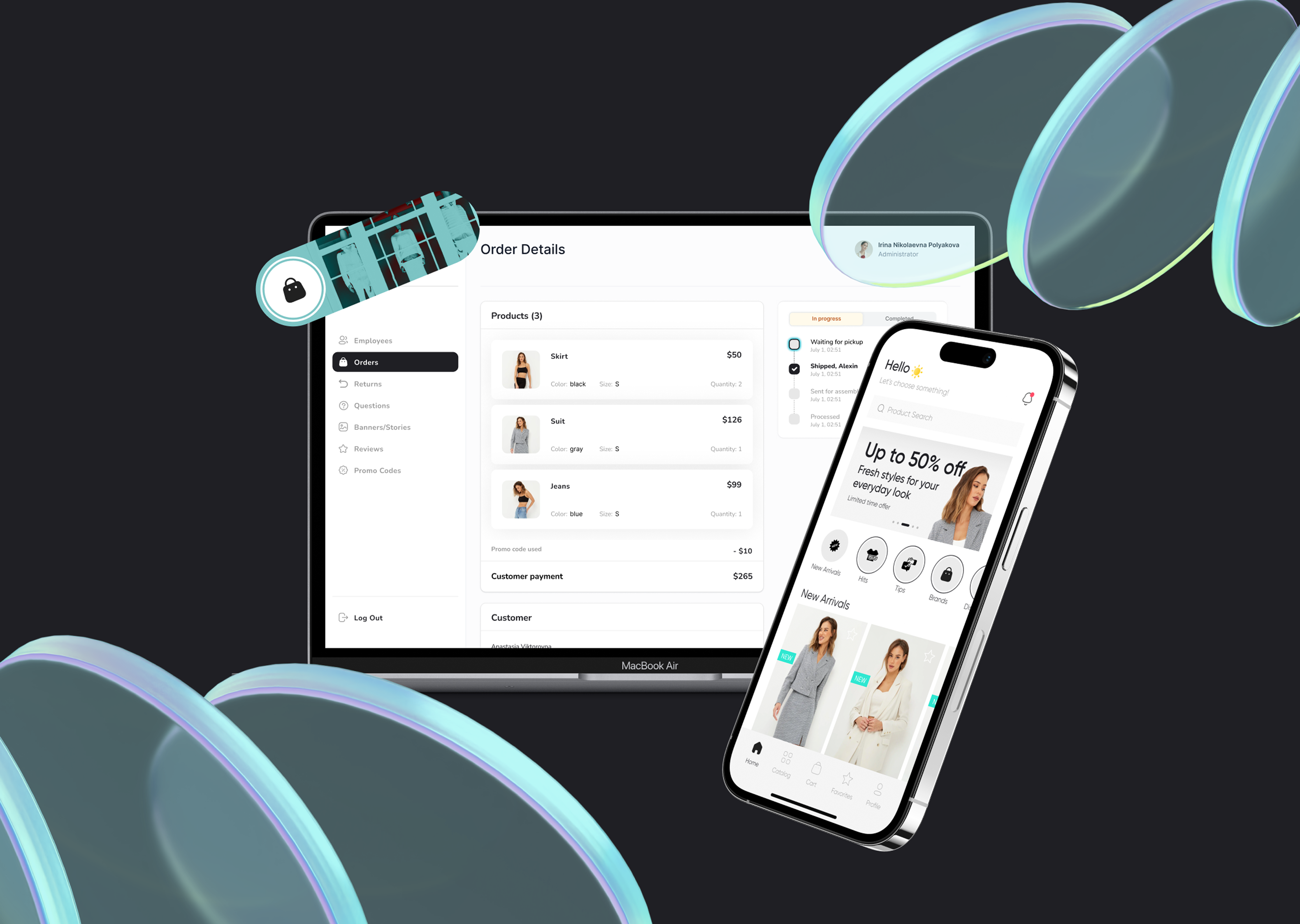 E-commerce platform shown on laptop and mobile screens