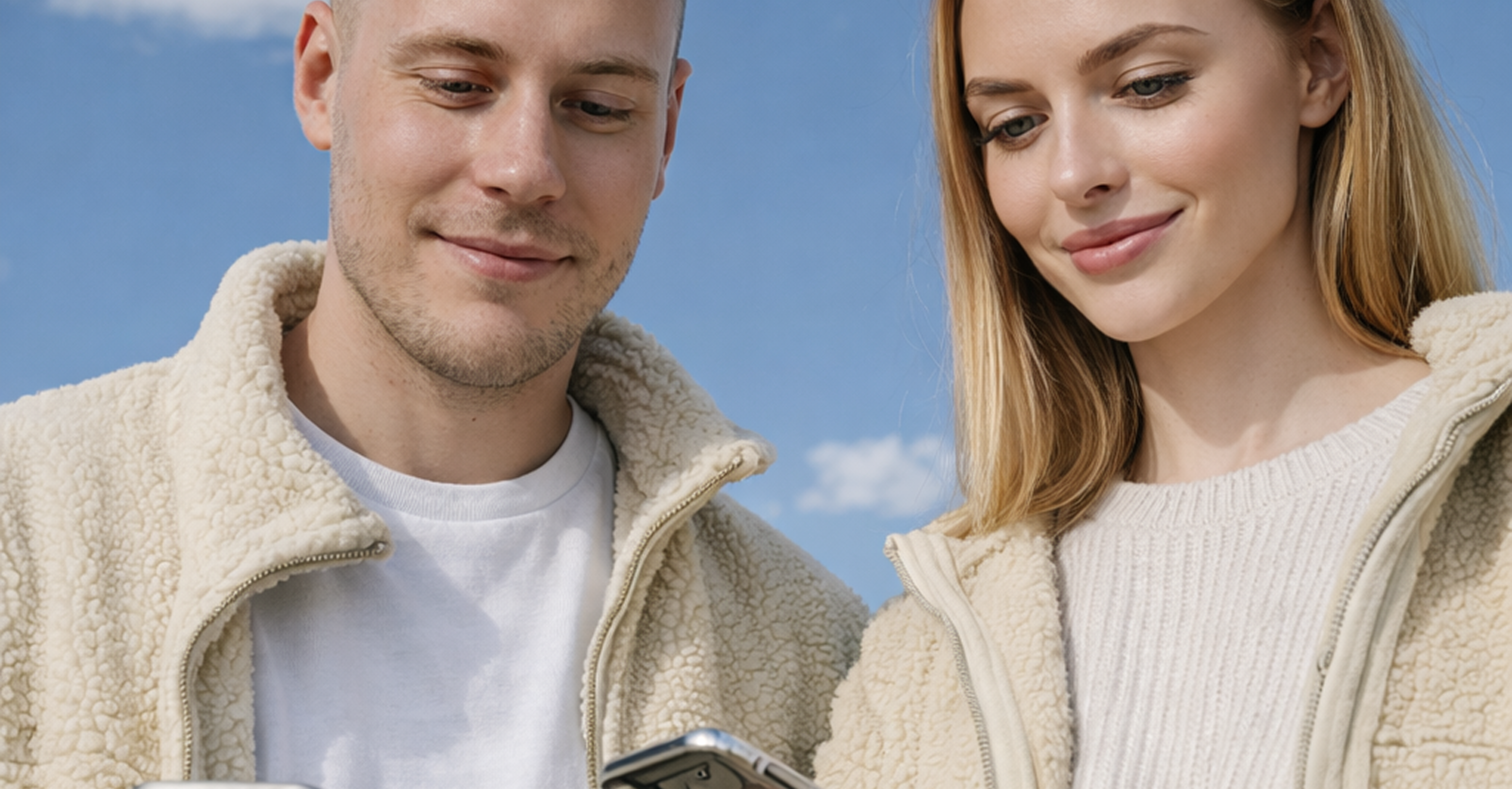 Two collaborators in cream jackets looking at a phone against a blue sky